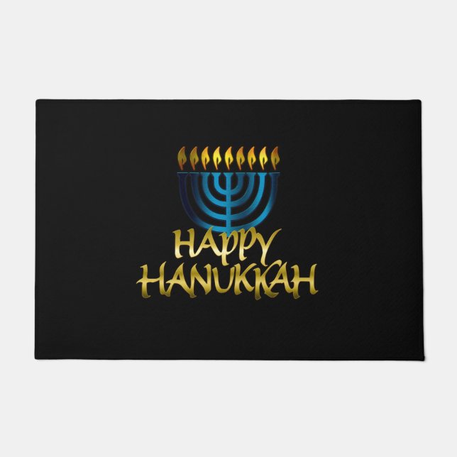 Happy Hanukkah Teal Gold Black Menorah Door Mat (Front)