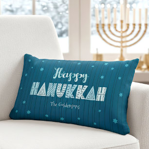 Happy Hanukkah Teal Whimsical Typography Modern Lumbar Cushion