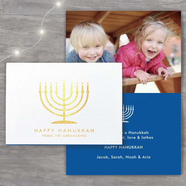 Happy Hanukkah Techelet Blue Simple Modern Menorah Foil Card (Creator Uploaded)