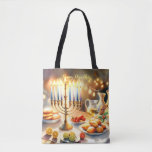 Happy Hanukkah Tote Bag<br><div class="desc">Hanukkah watercolor illustration. A beautifully arranged table set for a festive celebration,  featuring a traditional menorah with lit candles. Soft,  warm light,  while holiday decorations add a touch of cheer. Warm lights creating a cosy,  inviting atmosphere.</div>