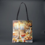 Happy Hanukkah Tote Bag<br><div class="desc">Hanukkah watercolor illustration. A beautifully arranged table set for a festive celebration,  featuring a traditional menorah with lit candles. Soft,  warm light,  while holiday decorations add a touch of cheer. Warm lights creating a cosy,  inviting atmosphere.</div>