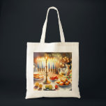 Happy Hanukkah Tote Bag<br><div class="desc">Hanukkah watercolor illustration. A beautifully arranged table set for a festive celebration,  featuring a traditional menorah with lit candles. Soft,  warm light,  while holiday decorations add a touch of cheer. Warm lights creating a cosy,  inviting atmosphere.</div>