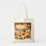 Happy Hanukkah Tote Bag<br><div class="desc">Hanukkah watercolor illustration. A beautifully arranged table set for a festive celebration,  featuring a traditional menorah with lit candles. Soft,  warm light,  while holiday decorations add a touch of cheer. Warm lights creating a cosy,  inviting atmosphere.</div>