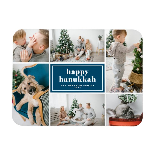 Happy Hanukkah Typography Blue Photo Collage Magnet (Horizontal)
