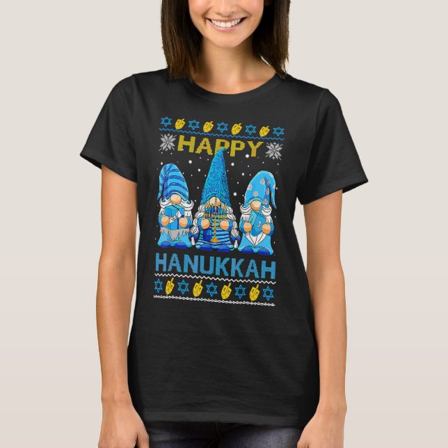Happy Hanukkah Ugly Christmas Gnome Gnomies Menora T-Shirt (Front)