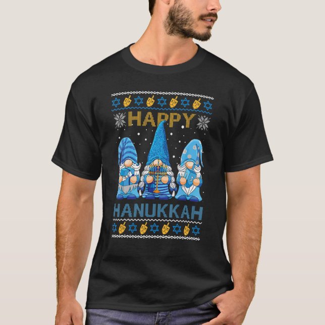 Happy Hanukkah Ugly Christmas Gnome Gnomies Menora T-Shirt (Front)