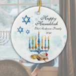 Happy Hanukkah Watercolor Family Photo  Ceramic Ornament<br><div class="desc">Watercolor custom Hanukkah ornament for a Jewish family gift or Hanukkah party. Personalise with your own last name and your family photo. Features colourful menorah.</div>