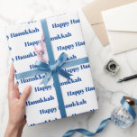 Happy Hanukkah white and blue pattern modern Wrapping Paper<br><div class="desc">Happy Hanukkah white and blue typography pattern modern gift Wrapping Paper.
Blue text pattern on white background.</div>