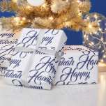 Happy Hanukkah white and navy blue elegant script Wrapping Paper<br><div class="desc">Happy Hanukkah navy blue and white Jewish Holiday elegant script gift Wrapping Paper.
Dark navy blue script typography pattern on white background colour.</div>