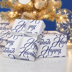 Happy Hanukkah white and navy blue elegant script Wrapping Paper