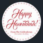 Happy Hanukkah white black custom red script text Classic Round Sticker<br><div class="desc">Happy Hanukkah custom script name text Elegant Hanukkah gift favour tag stickers.
Custom script text,  names and date surrounded by a border made of Stars of David,  Magen David.
custom red text on white background.</div>