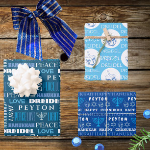 Happy Hanukkah White Blue Childs Name Typography Wrapping Paper Sheet