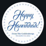 Happy Hanukkah white blue custom script text  Classic Round Sticker<br><div class="desc">Happy Hanukkah custom script name text Elegant Hanukkah gift favour tag stickers.
Custom script text,  names and date surrounded by a border made of Stars of David,  Magen David.
Blue custom text on white background.</div>