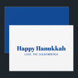 Happy Hanukkah white blue minimalist personalised Holiday Card<br><div class="desc">Happy Hanukkah blue and white modern typography minimalist elegant personalised Hanukkah Holiday Card.
Fully customisable blue text on white background on the front and blue solid plain background on the back of the card.</div>