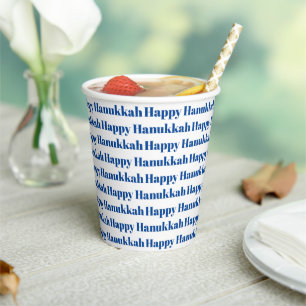 Happy Hanukkah white blue modern typography Paper Cups