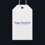 Happy Hanukkah white blue simple minimalist custom Gift Tags<br><div class="desc">Happy Hanukkah blue and white typography simple minimalist modern elegant Hanukkah personalised gift tags.
Fully customisable blue text on white background with a blue colour back.</div>