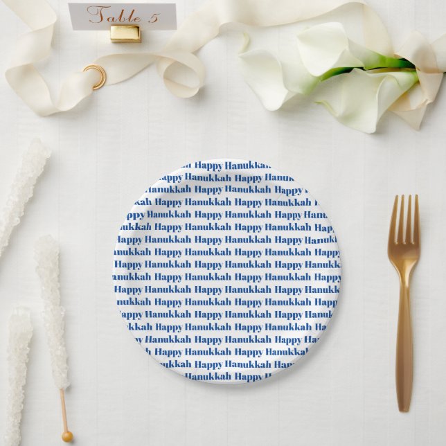 Happy Hanukkah white blue typography pattern  Paper Plate (Wedding)