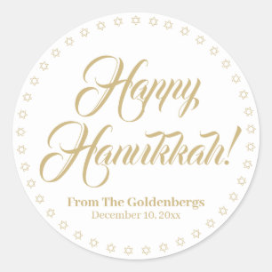 Happy Hanukkah white gold custom script text Classic Round Sticker