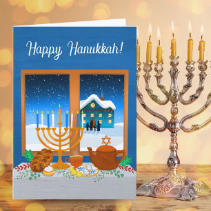 Happy Hanukkah Window Scene Cosy Winter Card