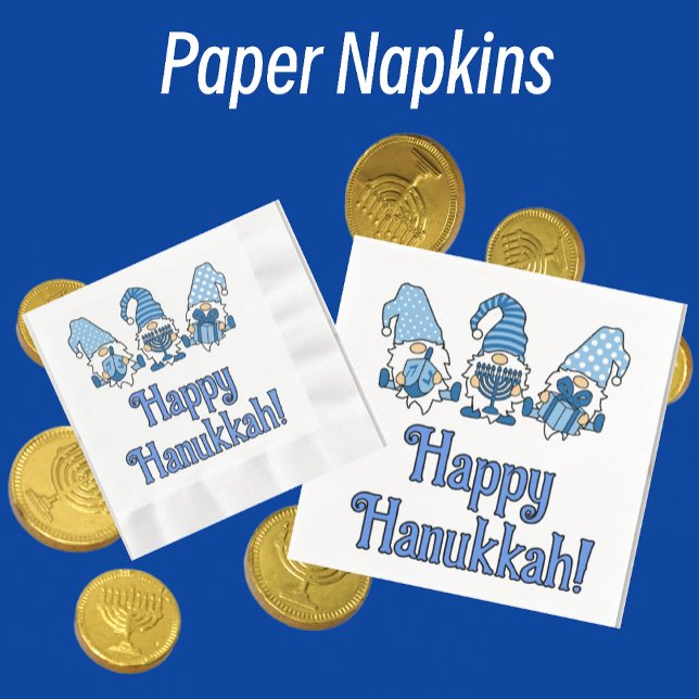 Happy Hanukkah with Three Gnomes  Napkin (Paper napkins in several sizes and shapes.)