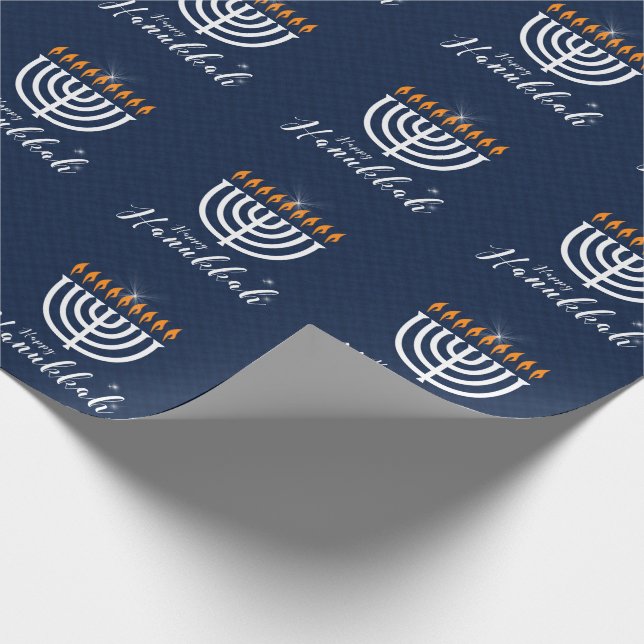 Happy Hanukkah with White Menorah in Modern Blue Wrapping Paper (Corner)