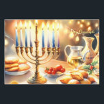 Happy Hanukkah Wrapping Paper Sheet<br><div class="desc">Hanukkah watercolor illustration. A beautifully arranged table set for a festive celebration,  featuring a traditional menorah with lit candles. Soft,  warm light,  while holiday decorations add a touch of cheer. Warm lights creating a cosy,  inviting atmosphere.</div>