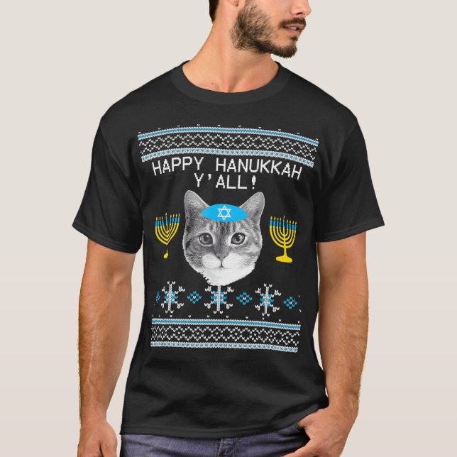 Happy Hanukkah Y'all Cat Ugly Hanukkah T-Shirt (Front)