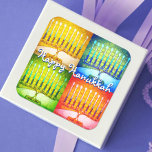 Happy Hanukkah yellow blue green red 4 menorahs Square Sticker<br><div class="desc">“Happy Hanukkah.” A close-up photo of 4 brightly coloured artsy menorah photos help you usher in the holiday of Hanukkah. Feel the warmth and joy of the holiday season whenever you use this stunning, colourful Hanukkah sticker. Matching cards, stamps, tote bags, serving trays, and other products are available in my...</div>