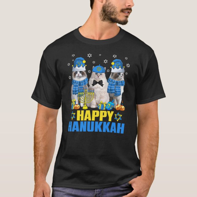 Happy Hanukkat Ragdoll Cat Menorah Dreidel Hanukka T-Shirt (Front)