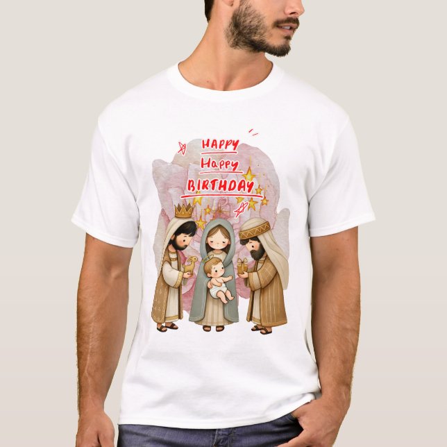 Happy Happy Birthday Baby Jesus Receiving Gifts T-Shirt (Front)