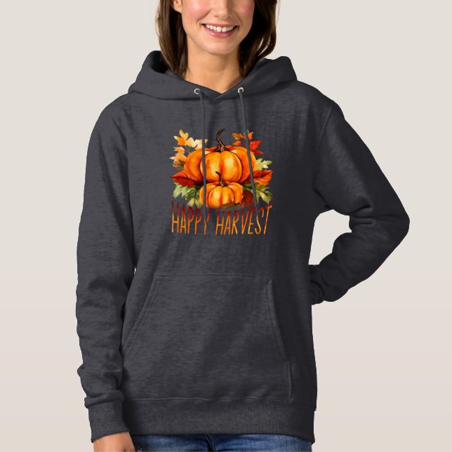 "Happy Harvest" Watercolor Pumpkin & Fall Leaves  Hoodie (Front)