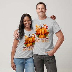 "Happy Harvest" Watercolor Pumpkin & Fall Leaves T-Shirt