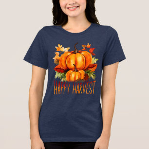 "Happy Harvest" Watercolor Pumpkin & Fall Leaves Tri-Blend Shirt