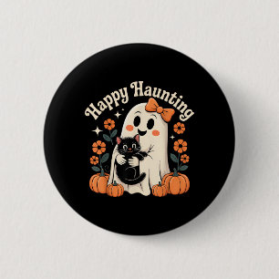 Happy Haunting Ghost And Black Cat Halloween Art 6 Cm Round Badge