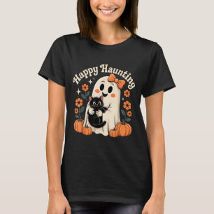 Happy Haunting Ghost And Black Cat Halloween Art T-Shirt