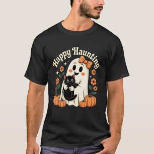 Happy Haunting Ghost and Black Cat Halloween Art T-Shirt