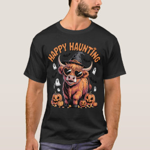 Happy Haunting Highland Cow Witch Pumpkin Ghosts T-Shirt