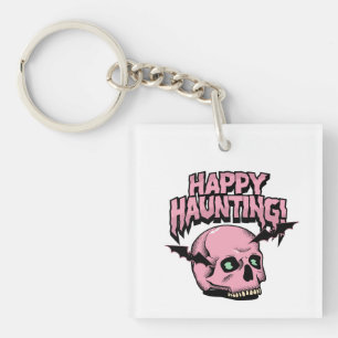 Happy Haunting Pink Skull Halloween Keychain