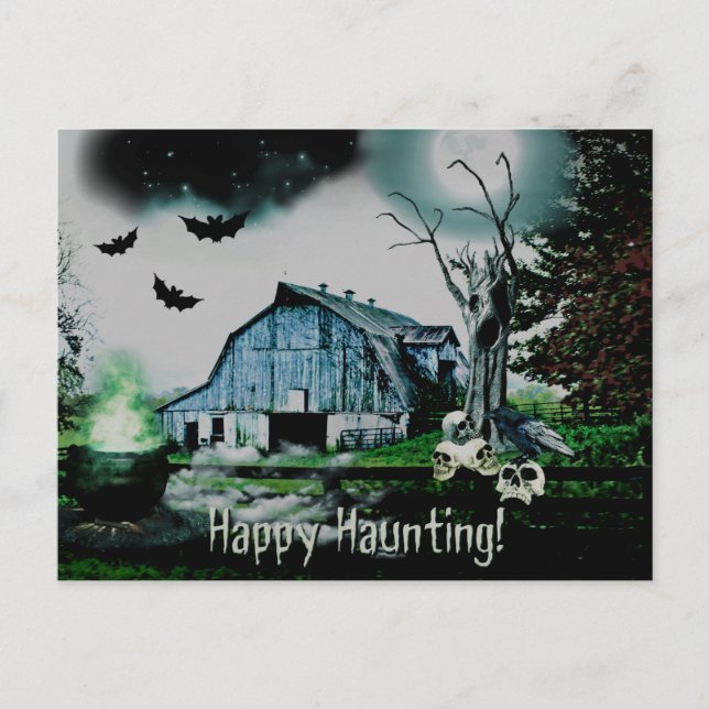 *~* Happy Haunting Skulls HALLOWEEN Postcard (Front)