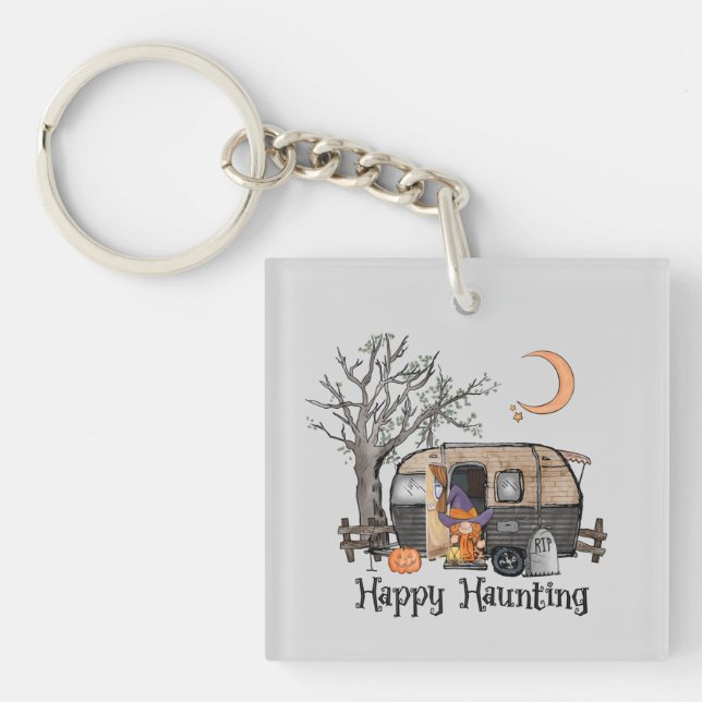 Happy Haunting – Spooky Witch and Camper Van Key Ring (Front)