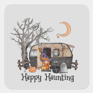 Happy Haunting – Spooky Witch and Camper Van Square Sticker