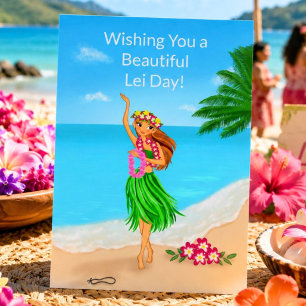 Happy Hawaiian Lei Day Hula Girl Beach Card