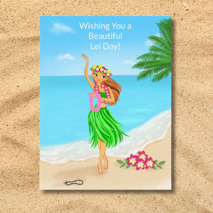 Happy Hawaiian Lei Day Hula Girl Beach Postcard