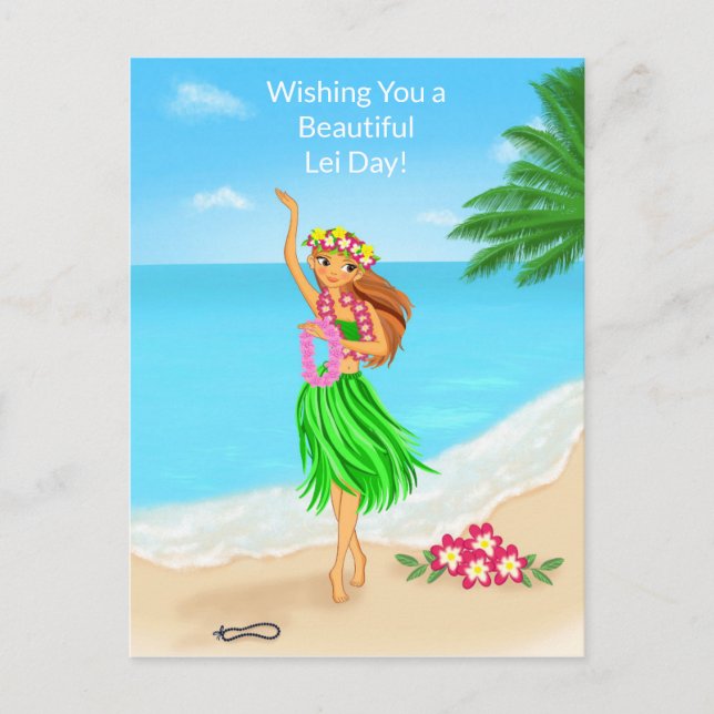 Happy Hawaiian Lei Day Hula Girl Beach Postcard (Front)