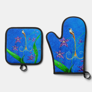 Happy Hawaiian Orchid Bird Oven Mitt & Pot Holder Set