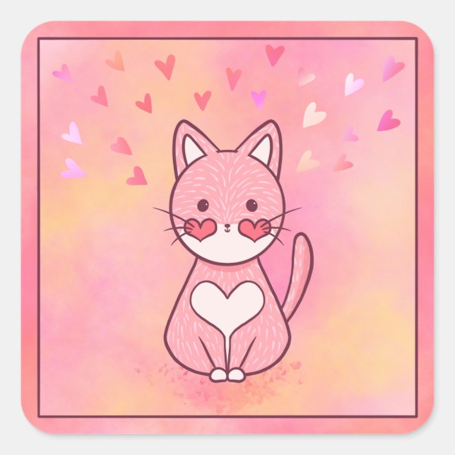 Happy Heart Cat Square Sticker (Front)