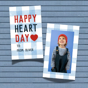 Happy Heart Day Blue Gingham Valentine's Classroom Card