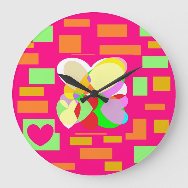 Happy hearts design in pastels and squares large clock (Front)