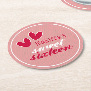 Happy Hearts Sweet Sixteen Round Paper Coaster
