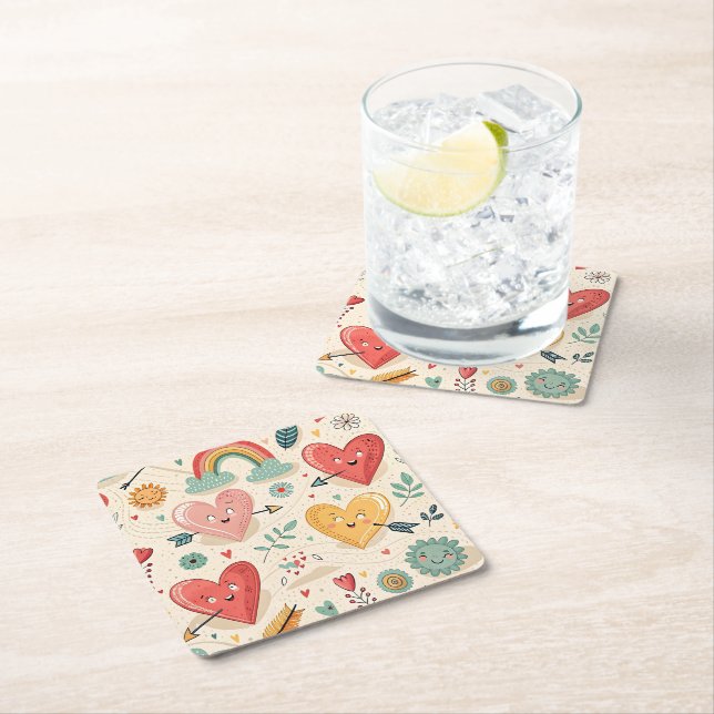Happy Hearts - Whimsical Valentine's Day Pattern Square Paper Coaster (Insitu)